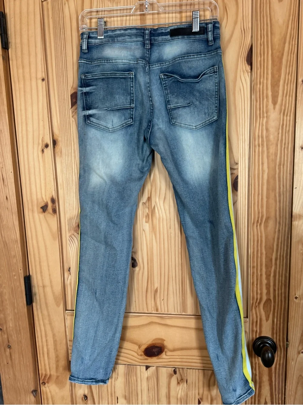 90s style Blue Distressed Jeans with Yellow Side Stripe
